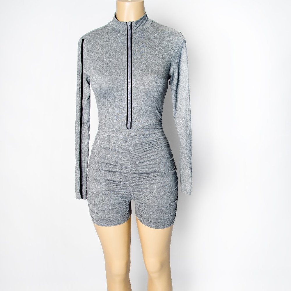 Grey Zipper Long Sleeve Romper